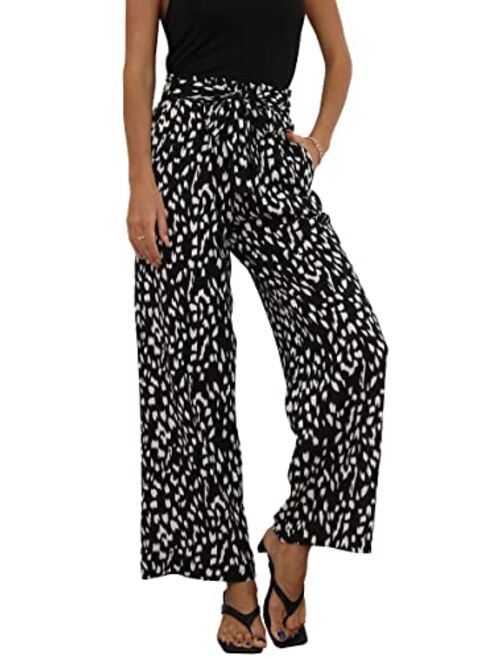 ECOWISH Womens Cotton Soft Palazzo Wide Leg Pant with Pockets High Waist Casual Loose Flowy Pants with Belt