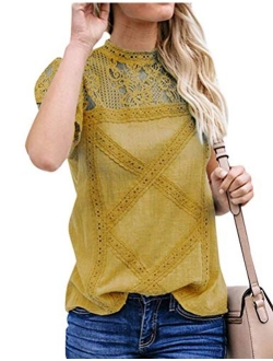 ZXZY Women Cute Lace Blouse Top Short Sleeve Lace Hollow Out Turtle Neck T Shirt