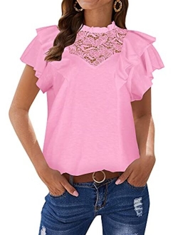 ZXZY Women Cute Lace Blouse Top Short Sleeve Lace Hollow Out Turtle Neck T Shirt