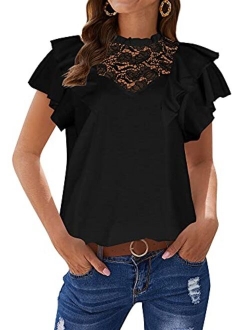 ZXZY Women Cute Lace Blouse Top Short Sleeve Lace Hollow Out Turtle Neck T Shirt