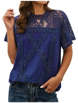 ZXZY Women Cute Lace Blouse Top Short Sleeve Lace Hollow Out Turtle Neck T Shirt