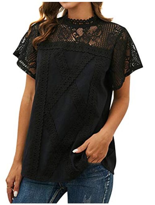 ZXZY Women Cute Lace Blouse Top Short Sleeve Lace Hollow Out Turtle Neck T Shirt