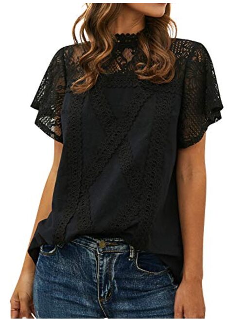 ZXZY Women Cute Lace Blouse Top Short Sleeve Lace Hollow Out Turtle Neck T Shirt