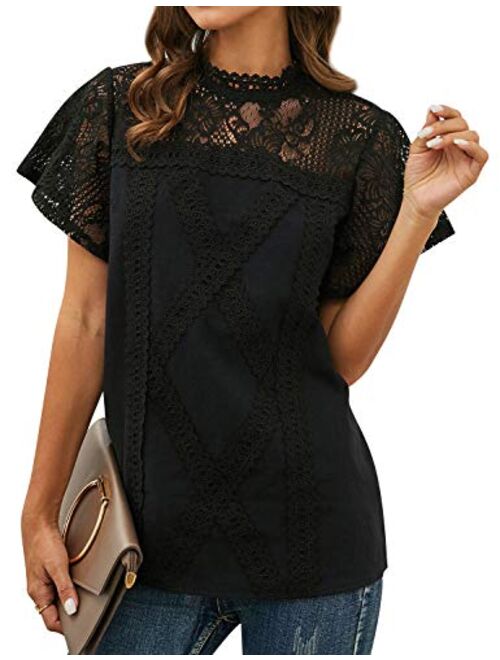 ZXZY Women Cute Lace Blouse Top Short Sleeve Lace Hollow Out Turtle Neck T Shirt