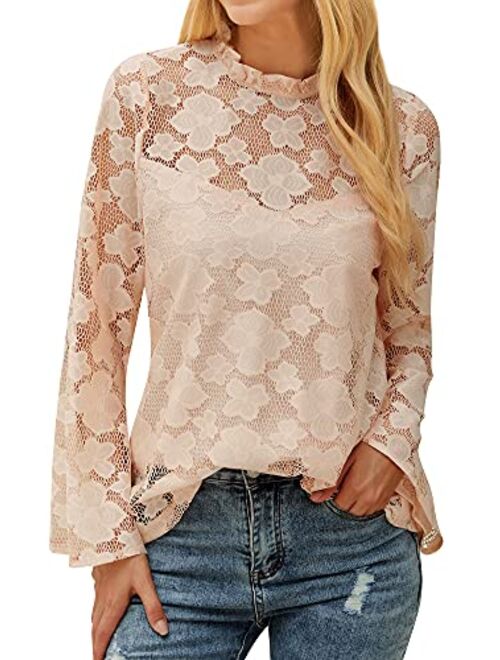 ZXZY Women Cute Lace Blouse Top Short Sleeve Lace Hollow Out Turtle Neck T Shirt