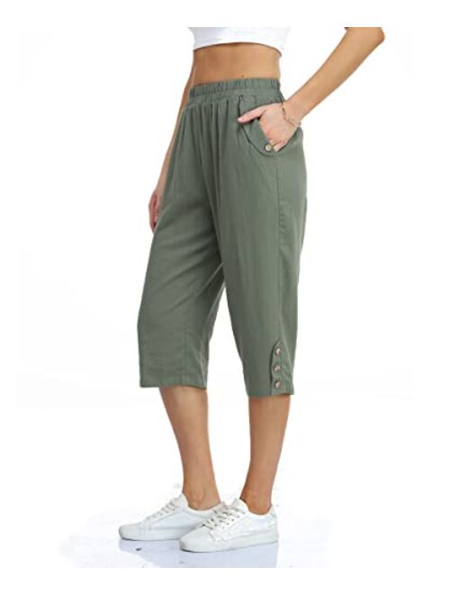 PEIQI Women's Linen Capri Pants Elastic Waist Summer Cropped Trousers with Pockets