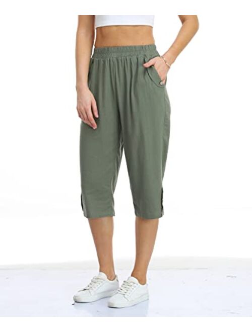 PEIQI Women's Linen Capri Pants Elastic Waist Summer Cropped Trousers with Pockets