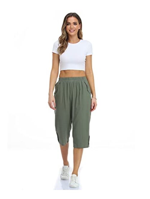 PEIQI Women's Linen Capri Pants Elastic Waist Summer Cropped Trousers with Pockets