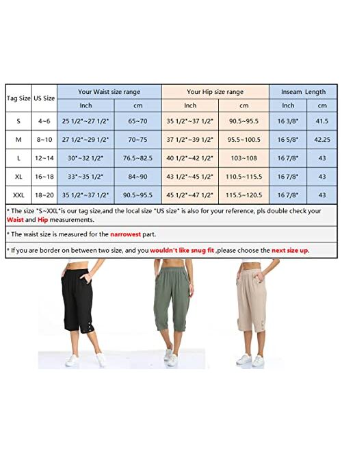 PEIQI Women's Linen Capri Pants Elastic Waist Summer Cropped Trousers with Pockets