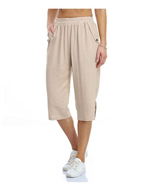 PEIQI Women's Linen Capri Pants Elastic Waist Summer Cropped Trousers with Pockets