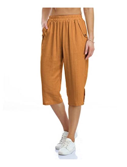 PEIQI Women's Linen Capri Pants Elastic Waist Summer Cropped Trousers with Pockets