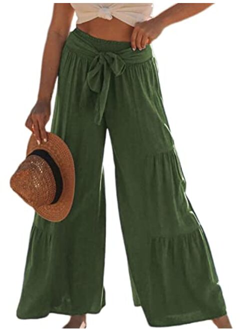 Yeokou Women's High Waist Casual Beach Boho Smocked Tiered Wide Leg Palazzo Pants Dressy