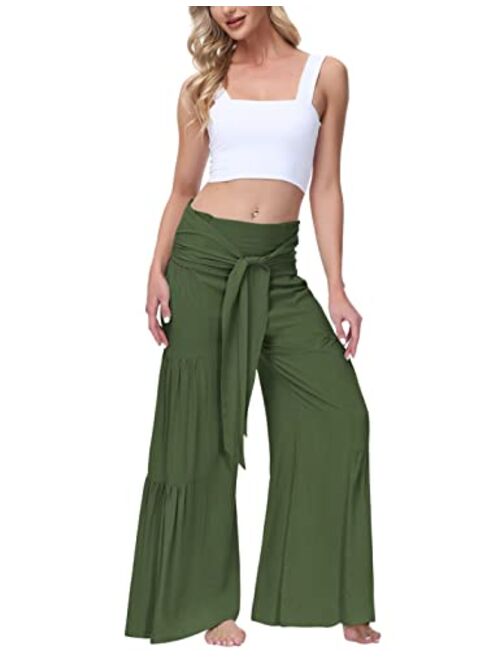 Yeokou Women's High Waist Casual Beach Boho Smocked Tiered Wide Leg Palazzo Pants Dressy