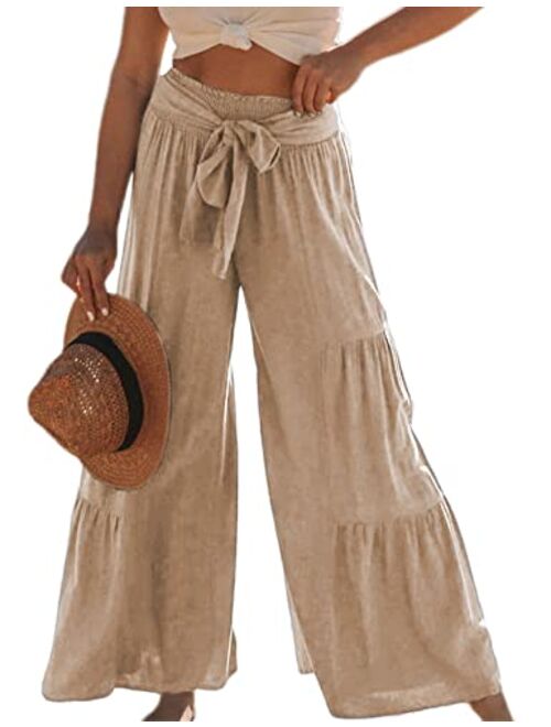 Yeokou Women's High Waist Casual Beach Boho Smocked Tiered Wide Leg Palazzo Pants Dressy