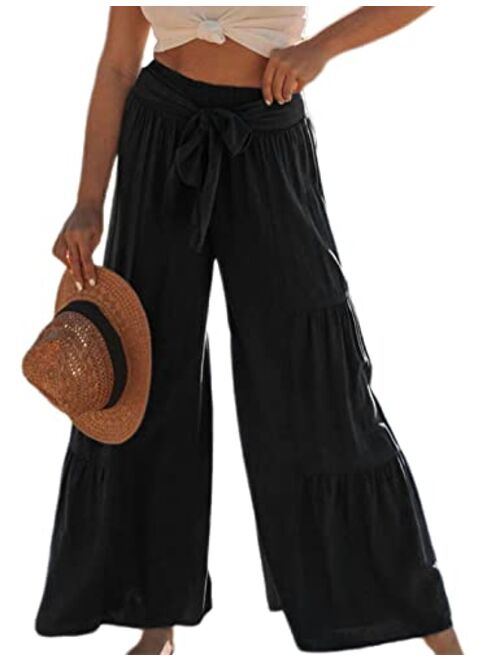 Yeokou Women's High Waist Casual Beach Boho Smocked Tiered Wide Leg Palazzo Pants Dressy