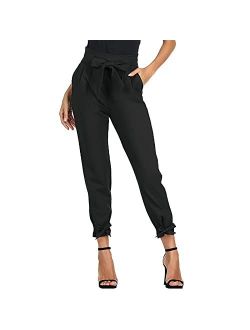 Xaspee Womens Dress Work Pants Half Elastic High Waisted Bowknot for Office Business Casual