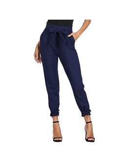 Xaspee Womens Dress Work Pants Half Elastic High Waisted Bowknot for Office Business Casual