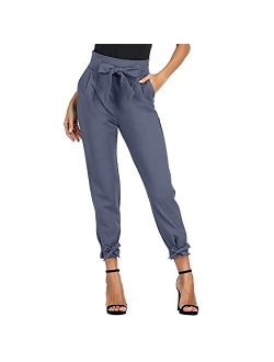 Xaspee Womens Dress Work Pants Half Elastic High Waisted Bowknot for Office Business Casual