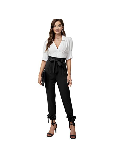 Xaspee Womens Dress Work Pants Half Elastic High Waisted Bowknot for Office Business Casual