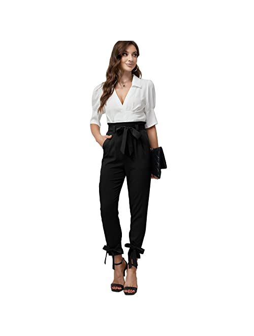 Xaspee Womens Dress Work Pants Half Elastic High Waisted Bowknot for Office Business Casual