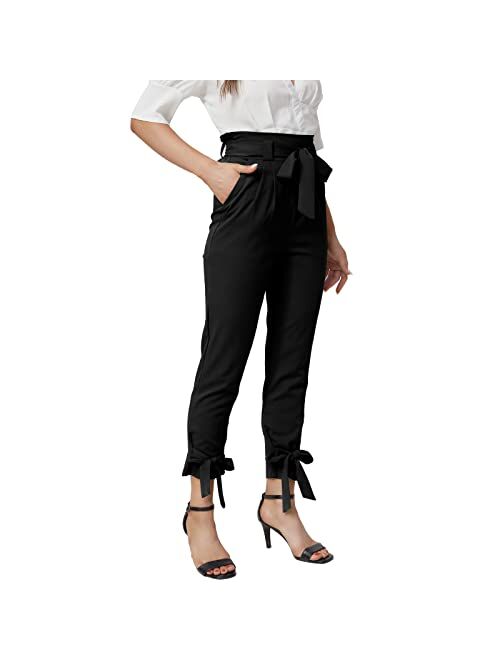 Xaspee Womens Dress Work Pants Half Elastic High Waisted Bowknot for Office Business Casual