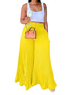 Womens High Waist Casual Pleated Wide Leg Long Palazzo Pants Trousers