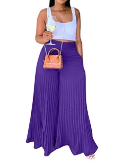 Womens High Waist Casual Pleated Wide Leg Long Palazzo Pants Trousers