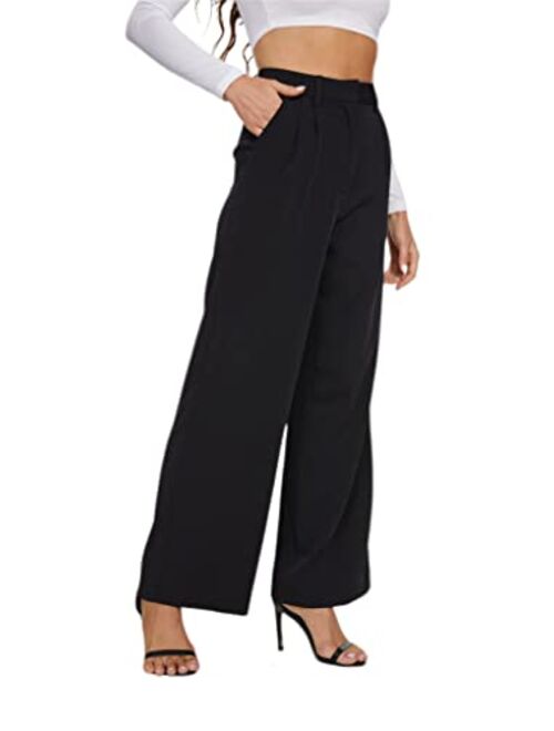 FUNYYZO Women's Wide Leg Work Pants High Waist Long Straight Trousers Causal Pants with Pocket