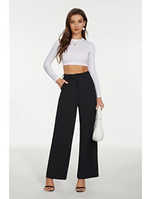 FUNYYZO Women's Wide Leg Work Pants High Waist Long Straight Trousers Causal Pants with Pocket