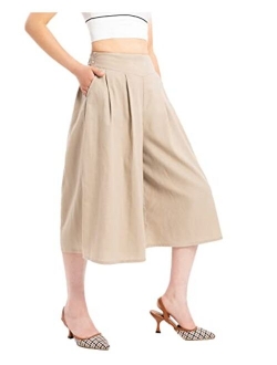 Lisskolo Women's Baggy Linen Wide Leg Palazzo Capris Pull On Embriodered Solid Summer Beach Cropped Culottes Pants Pocketed