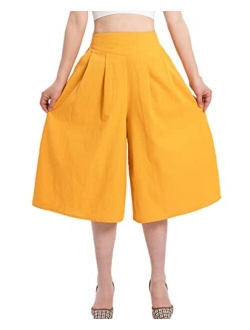 Lisskolo Women's Baggy Linen Wide Leg Palazzo Capris Pull On Embriodered Solid Summer Beach Cropped Culottes Pants Pocketed