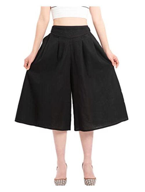 Lisskolo Women's Baggy Linen Wide Leg Palazzo Capris Pull On Embriodered Solid Summer Beach Cropped Culottes Pants Pocketed