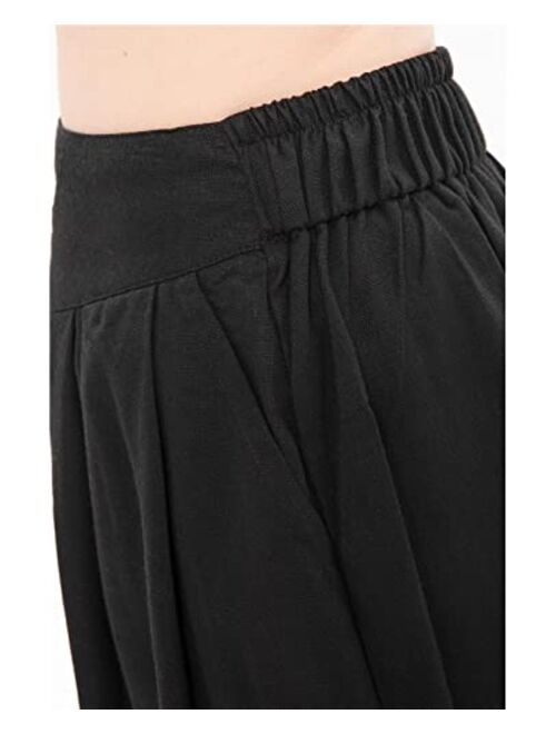 Lisskolo Women's Baggy Linen Wide Leg Palazzo Capris Pull On Embriodered Solid Summer Beach Cropped Culottes Pants Pocketed