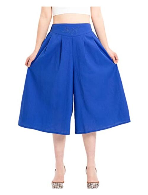 Lisskolo Women's Baggy Linen Wide Leg Palazzo Capris Pull On Embriodered Solid Summer Beach Cropped Culottes Pants Pocketed