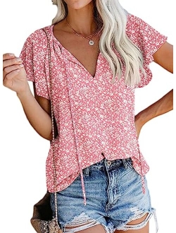 SimpleFun Women's Boho Tops Floral V Neck Short Sleeve Summer Blouse Shirts