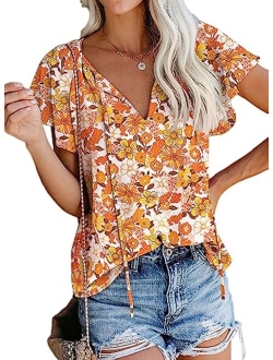 SimpleFun Women's Boho Tops Floral V Neck Short Sleeve Summer Blouse Shirts