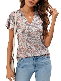 SimpleFun Women's Boho Tops Floral V Neck Short Sleeve Summer Blouse Shirts