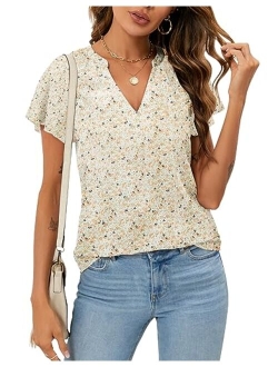 SimpleFun Women's Boho Tops Floral V Neck Short Sleeve Summer Blouse Shirts