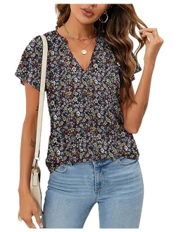 SimpleFun Women's Boho Tops Floral V Neck Short Sleeve Summer Blouse Shirts