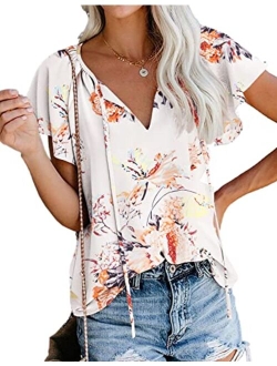 SimpleFun Women's Boho Tops Floral V Neck Short Sleeve Summer Blouse Shirts