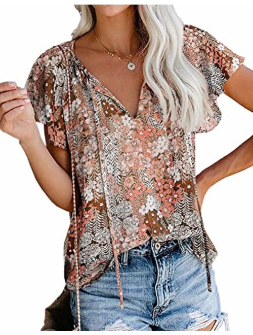 SimpleFun Women's Boho Tops Floral V Neck Short Sleeve Summer Blouse Shirts