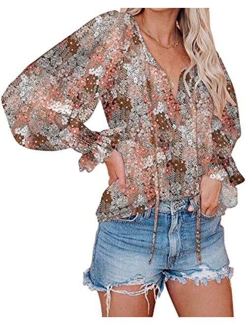 SimpleFun Women's Boho Tops Floral V Neck Short Sleeve Summer Blouse Shirts