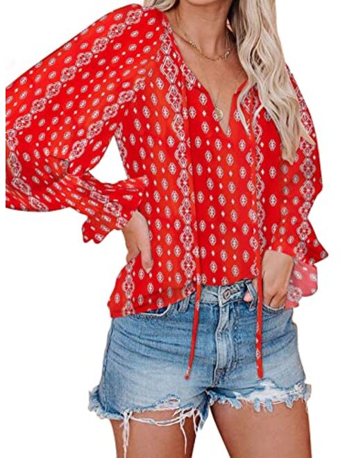 SimpleFun Women's Boho Tops Floral V Neck Short Sleeve Summer Blouse Shirts