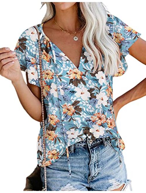 SimpleFun Women's Boho Tops Floral V Neck Short Sleeve Summer Blouse Shirts