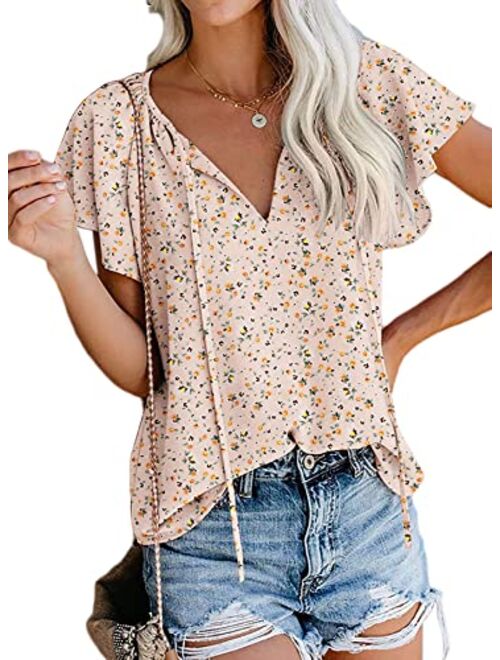 SimpleFun Women's Boho Tops Floral V Neck Short Sleeve Summer Blouse Shirts