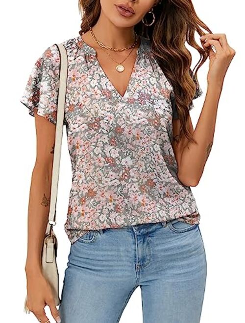 SimpleFun Women's Boho Tops Floral V Neck Short Sleeve Summer Blouse Shirts