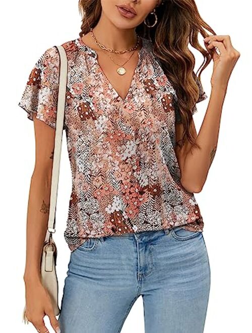 SimpleFun Women's Boho Tops Floral V Neck Short Sleeve Summer Blouse Shirts