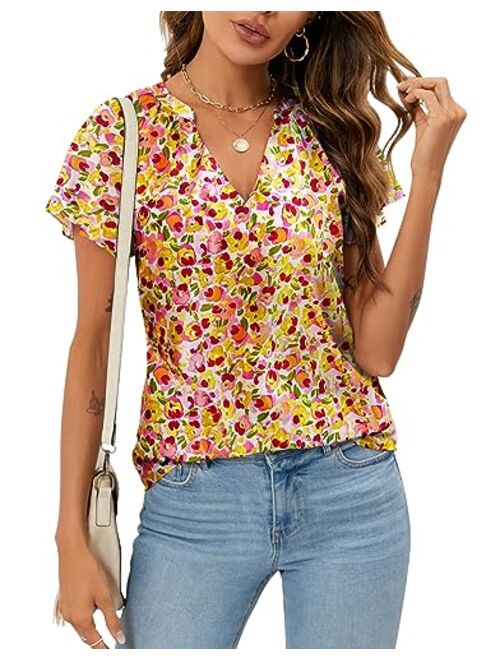 SimpleFun Women's Boho Tops Floral V Neck Short Sleeve Summer Blouse Shirts