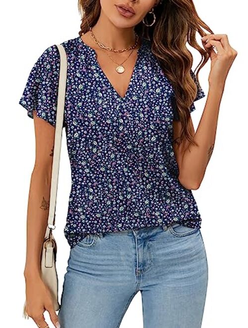 SimpleFun Women's Boho Tops Floral V Neck Short Sleeve Summer Blouse Shirts