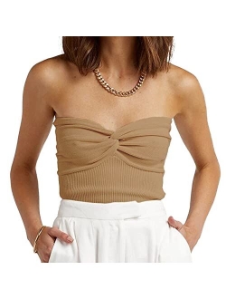 Iszplush Womens Strapless Crop Top Sexy Sweetheart Neck Ribbed Knit Twisted Knot Front Sleeveless Y2K CamisoleTanks Top